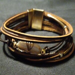 Genuine Leather Multi Stand Cuff Raselet With Mother Of Pearl